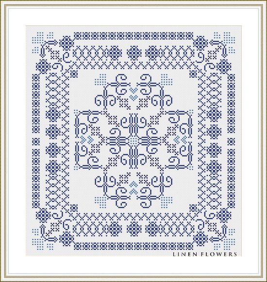 #256 Delft Blue Sampler by Linen Flowers